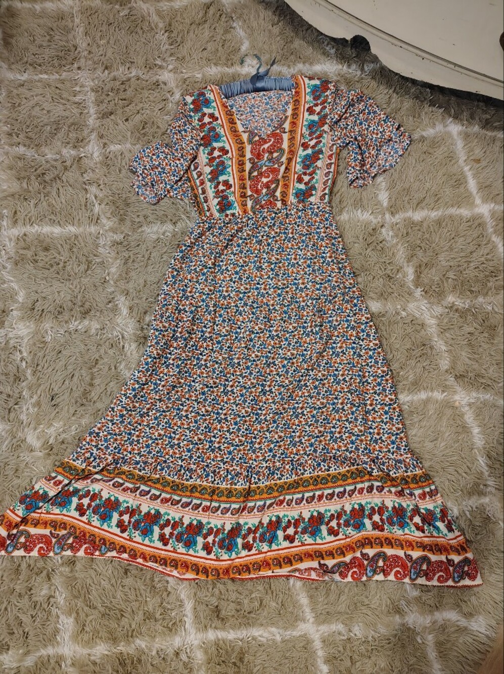 Printed Bohemian V-Neck Maxi Dress in Orange, Red, Blue and Teal - Picture 15 of 16